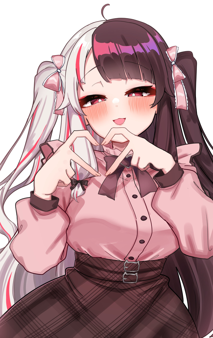 1girl absurdres arched_bangs belt blouse blush bow bowtie breasts brown_belt brown_bow brown_bowtie brown_hair brown_skirt collar frilled_collar frills grey_hair hair_bow half-closed_eyes heart heart_hands high-waist_skirt highres jirai_kei large_breasts long_hair long_sleeves looking_at_viewer multicolored_hair nagmo_chaaan nijisanji open_mouth pink_bow pink_shirt puffy_long_sleeves puffy_sleeves red_eyes red_hair shirt sidelocks simple_background skirt smile solo split-color_hair streaked_hair twintails two-tone_hair very_long_hair virtual_youtuber white_background yorumi_rena