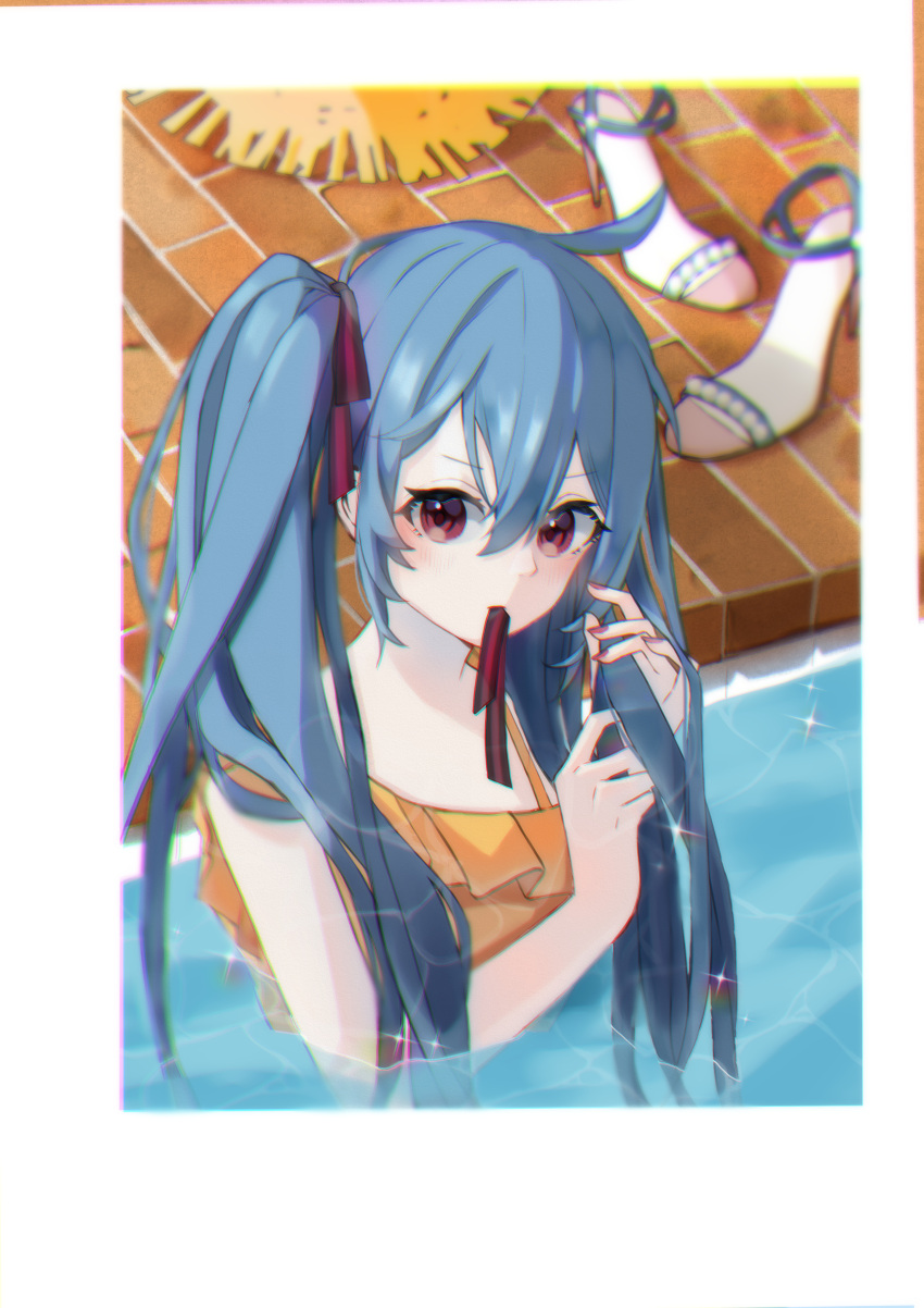 1girl absurdres adjusting_hair alternate_eye_color blue_hair blush hair_ribbon hatsune_miku high_heels highres long_hair miyononon mouth_hold partially_submerged pool red_eyes ribbon ribbon_in_mouth shoes solo swimsuit twintails tying_hair unworn_shoes vocaloid water