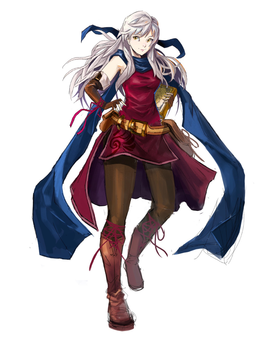 1girl bangle bare_shoulders black_gloves black_leggings blue_scarf bracelet dress elbow_gloves fingerless_gloves fire_emblem fire_emblem:_radiant_dawn gloves grey_hair hair_ribbon half_updo highres jewelry leggings long_hair micaiah_(fire_emblem) pantyhose ribbon rod_langhi scarf side_slit simple_background sleeveless sleeveless_dress smile solo white_background yellow_eyes