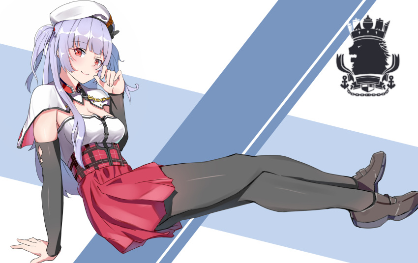 ajax_(azur_lane) azur_lane black_legwear breasts brown_footwear capelet chinese_commentary cleavage commentary_request corset detached_sleeves eyebrows_visible_through_hair hat highres legs_crossed loafers long_hair looking_at_viewer medium_breasts medium_hair pantyhose pleated_skirt purple_hair red_eyes red_skirt rosehip_t72 shoes sitting skirt smile solo two_side_up