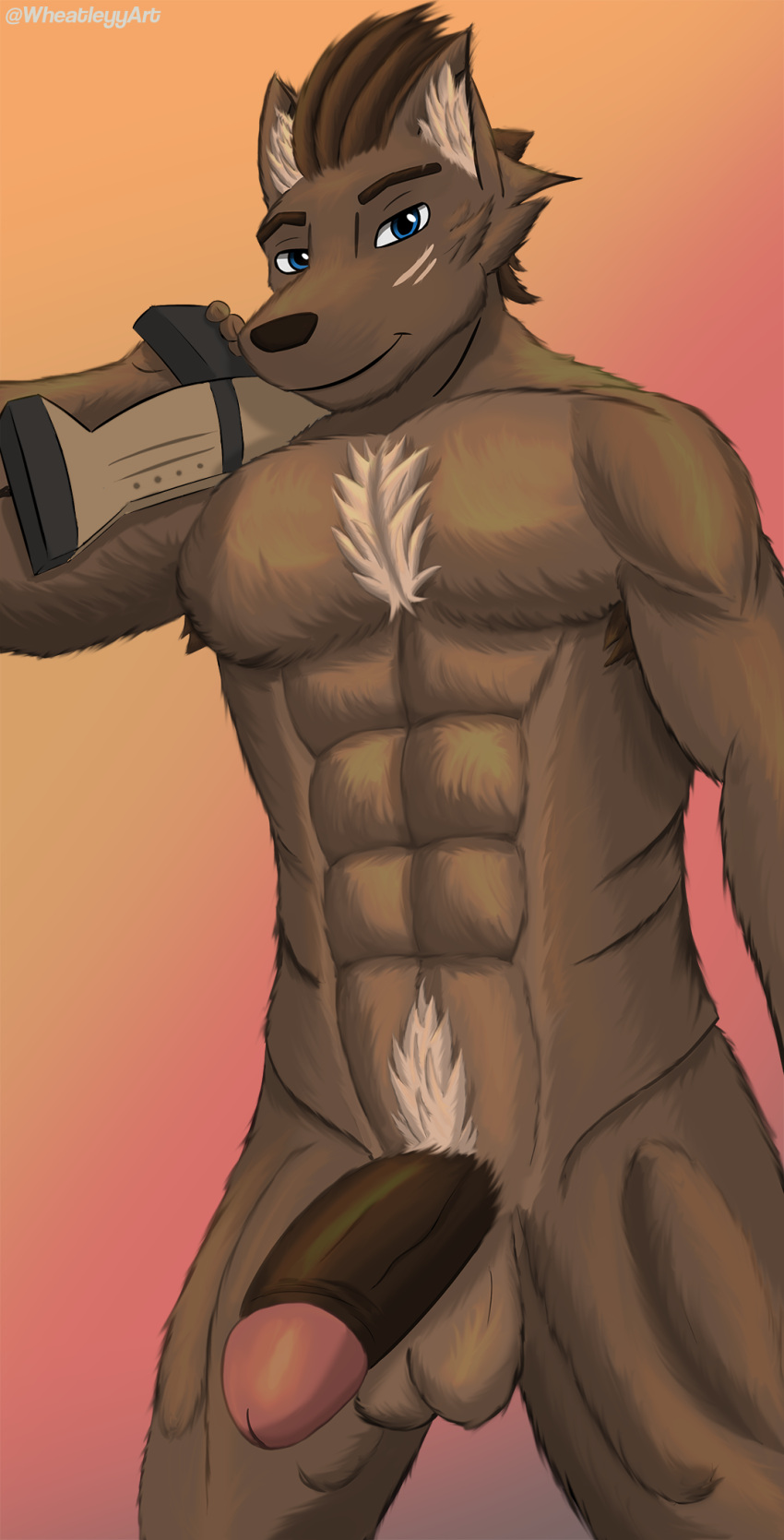 anthro athletic athletic_anthro balls blue_eyes brown_body canid fur genitals glans gradient_background hair half-erect hi_res humanoid_genitalia humanoid_penis looking_at_viewer male male/male mammal muscular muscular_anthro muscular_male nude penis presenting presenting_penis pubes simple_background smile solo standing weapon wheatleyy