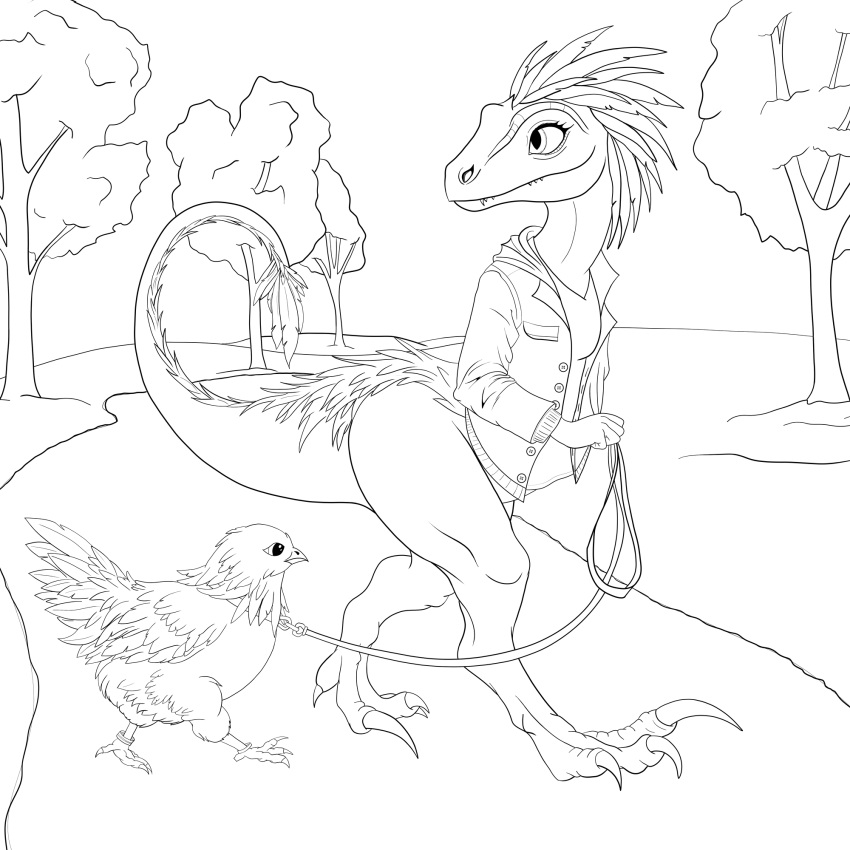 anthro avian bird bottomless chicken claws clothed clothing collar deerwalker dinosaur dromaeosaurid feathers female feral galliform gallus_(genus) hi_res jacket kittensnark leash line_art pantsless park path phasianid plant poultry reptile scalie simple_background theropod topwear tree velociraptor walking