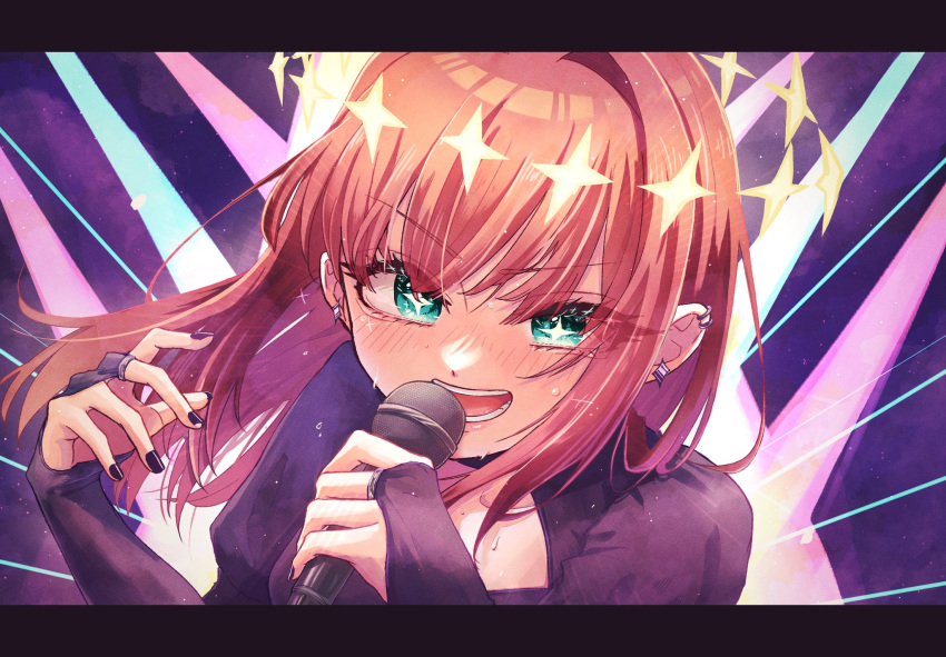 1girl black_nails bridal_gauntlets brown_hair cross-shaped_pupils ear_piercing earrings eyelashes green_eyes halo highres jewelry juliet_sleeves kimi_no_koto_ga_dai_dai_dai_dai_daisuki_na_100-nin_no_kanojo light_blush long_sleeves microphone music oknomyk open_mouth piercing puffy_sleeves saiki_himeka singing solo sparkle star_(symbol) sweat symbol-shaped_pupils