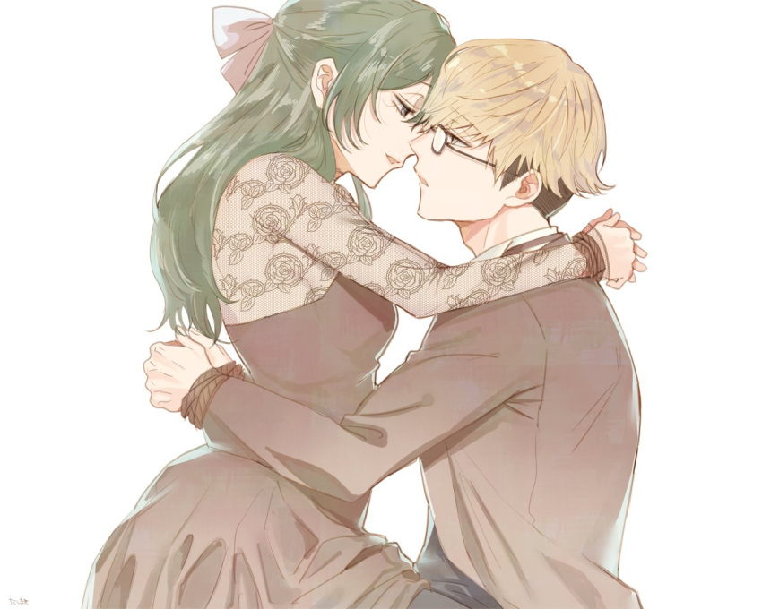 1boy 1girl alternate_costume alternate_hairstyle arms_around_neck arms_around_waist blonde_hair bound bound_wrists bow breasts brown_dress brown_jacket dashimakick dress face-to-face floral_print from_side glasses green_hair hair_bow imminent_kiss jacket lace_shirt land_(sousou_no_frieren) long_hair medium_breasts print_shirt see-through see-through_shirt shirt short_hair simple_background sousou_no_frieren strapless strapless_dress ubel_(sousou_no_frieren) upper_body white_background white_bow