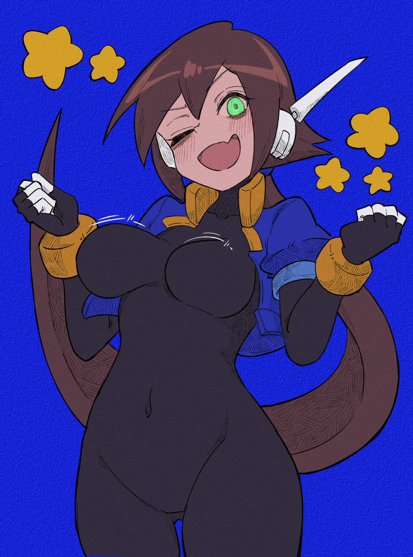 1girl absurdres aile_(mega_man_zx) black_bodysuit blue_background blue_jacket blush bodysuit bodysuit_under_clothes bouncing_breasts breasts brown_hair buzzlyears commentary covered_collarbone covered_navel cropped_jacket fang faux_traditional_media glowing green_eyes grin highres jacket large_breasts long_hair looking_at_viewer mega_man_(series) mega_man_zx mega_man_zx_advent motion_lines no_pants one_eye_closed open_clothes open_jacket ponytail robot_ears simple_background skin_fang smile star_(symbol)