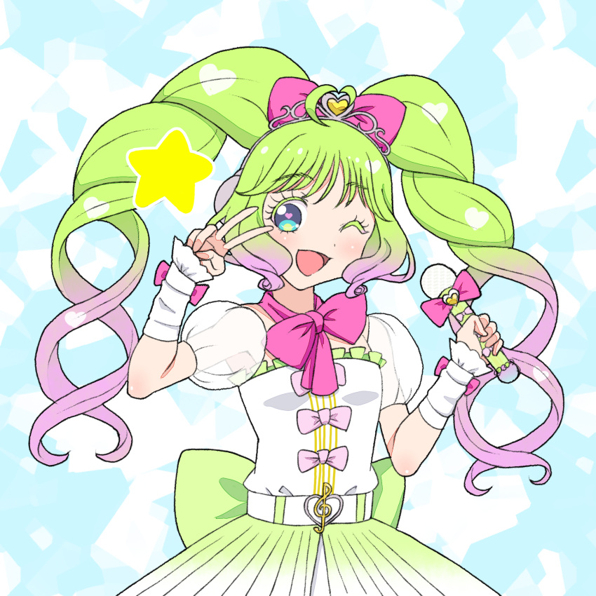1girl ;d blue_background blue_eyes bow commentary_request detached_sleeves dress frilled_dress frills gradient_hair green_hair hair_bow hamuno heart highres holding holding_microphone laalulu long_hair looking_at_viewer microphone multicolored_hair one_eye_closed open_mouth pink_bow pretty_series pripara puffy_short_sleeves puffy_sleeves purple_hair see-through see-through_sleeves short_sleeves smile solo standing star_(symbol) twintails v v_over_eye