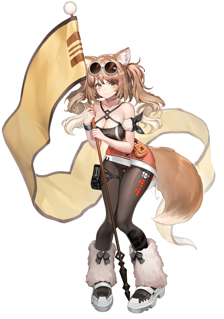 1girl absurdres animal_ear_fluff animal_ears armband bare_shoulders black_pantyhose blonde_hair blush boots bracelet breasts cameltoe cat_ears cat_girl cat_tail cleavage collarbone criss-cross_halter eyewear_on_head flag full_body fur_boots gradient_hair green_eyes halterneck highres holding holding_flag jewelry knees_together_feet_apart large_breasts light_brown_hair looking_at_viewer multicolored_hair original pantyhose parted_lips pouch red_skirt simple_background skirt solo sunglasses tail thigh_pouch wellsy white_background