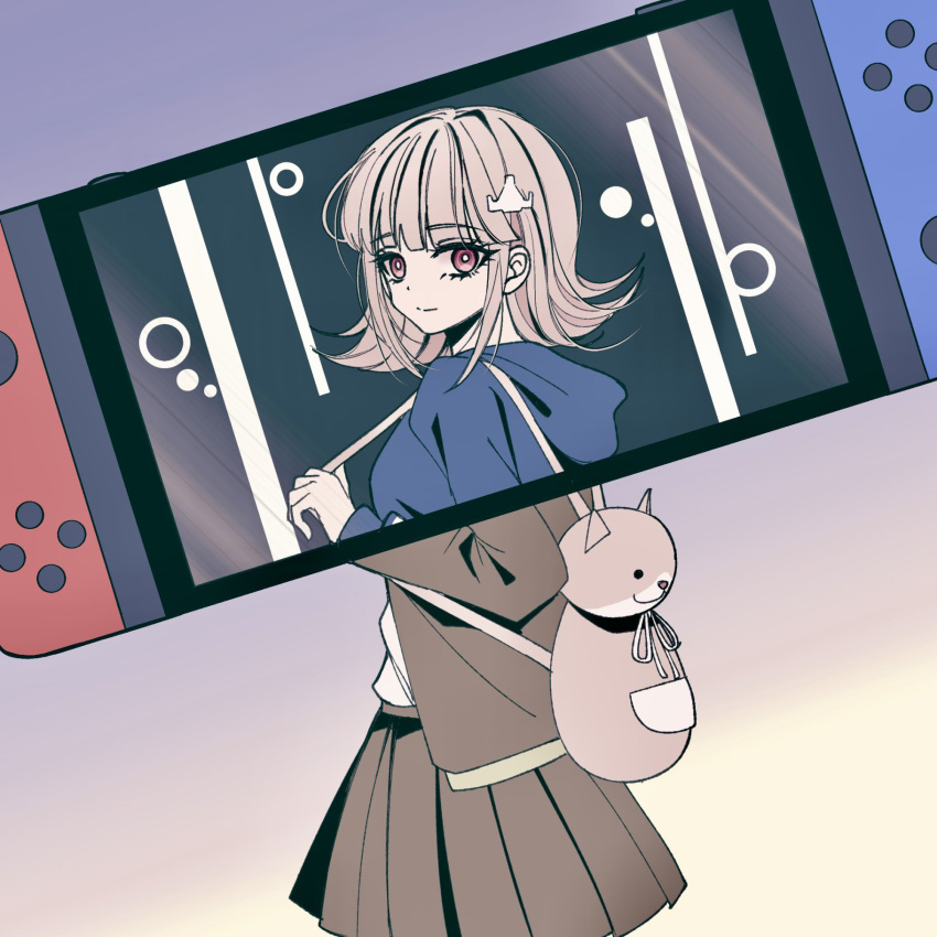 1girl bag breasts brown_hair danganronpa_(series) danganronpa_2:_goodbye_despair danganronpa_3_(anime) flipped_hair hair_ornament highres hood jacket long_sleeves looking_at_viewer medium_hair nanami_chiaki neck_ribbon nintendo_switch open_clothes open_jacket pink_bag pink_eyes ribbon satori_(aosky9077) shirt skirt spaceship_hair_ornament white_shirt