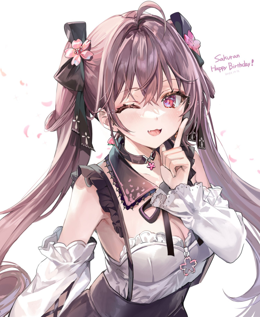 1girl :3 ;d ahoge armpit_peek black_choker blush breasts brown_hair character_name choker cleavage commentary_request dated detached_collar detached_sleeves fang flower hair_between_eyes hair_flower hair_ornament hair_ribbon hand_up happy_birthday highres index_finger_raised indie_virtual_youtuber long_hair looking_at_viewer medium_breasts momoko_(momopoco) one_eye_closed petals pink_eyes ribbon sakuran second-party_source simple_background skirt smile solo suspender_skirt suspenders twintails upper_body very_long_hair virtual_youtuber white_background