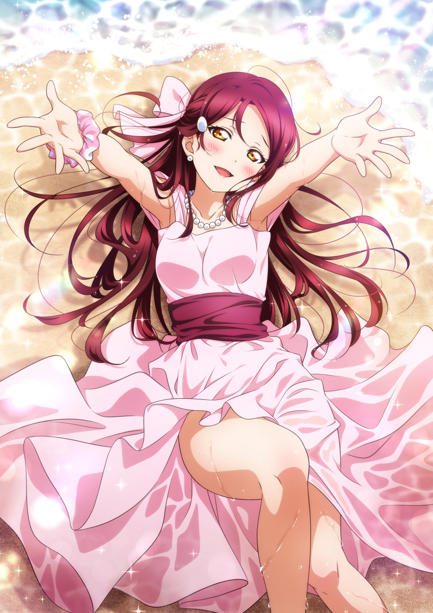 1girl absurdres beach blush breasts collarbone commentary_request dress earrings hair_ornament hair_ribbon half_updo highres jewelry kougi_hiroshi long_hair looking_at_viewer love_live! love_live!_sunshine!! lying necklace on_back pink_dress pink_scrunchie red_hair ribbon sakurauchi_riko scrunchie small_breasts solo textless_version water wet wet_clothes wrist_scrunchie yellow_eyes