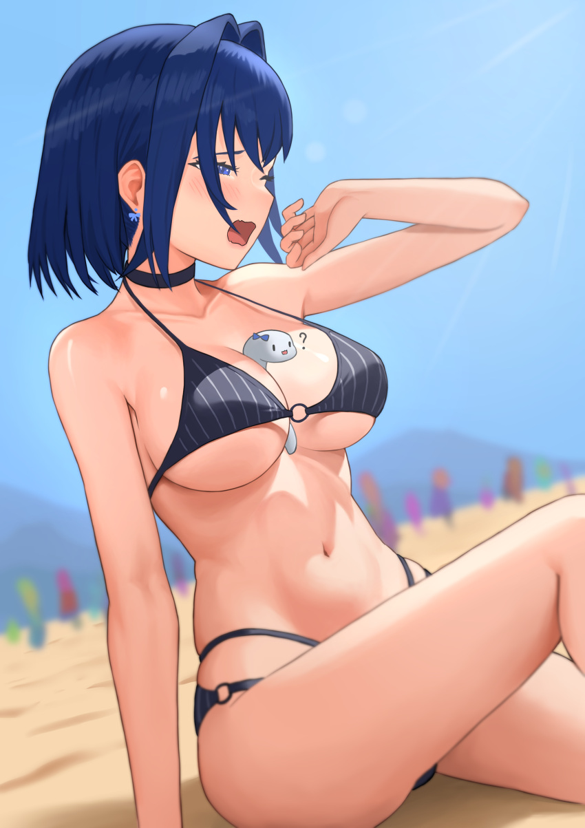 1girl ? absurdres arm_up beach between_breasts bikini black_bikini black_choker blue_eyes blue_hair blue_sky blurry blurry_background boros_(ouro_kronii) breasts choker diptip drop_earrings earrings english_commentary hair_intakes highres hololive hololive_english jewelry knee_up large_breasts navel o-ring o-ring_bikini ouro_kronii short_hair sitting sky solo_focus striped_bikini striped_clothes swimsuit vertical-striped_bikini vertical-striped_clothes virtual_youtuber