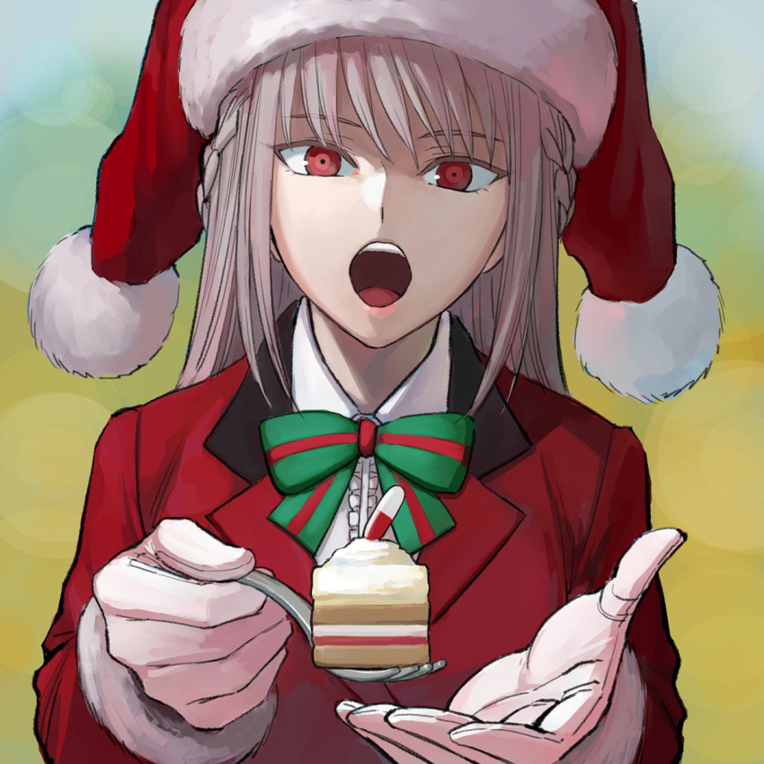 1girl b_suke bow bowtie braid cake cake_slice coat fate/grand_order fate_(series) florence_nightingale_(fate) florence_nightingale_(santa)_(fate) food fork gloves green_bow green_bowtie hat highres holding holding_fork incoming_food lapels long_hair long_sleeves looking_at_viewer open_mouth pink_hair red_coat red_eyes santa_hat solo upper_body white_gloves