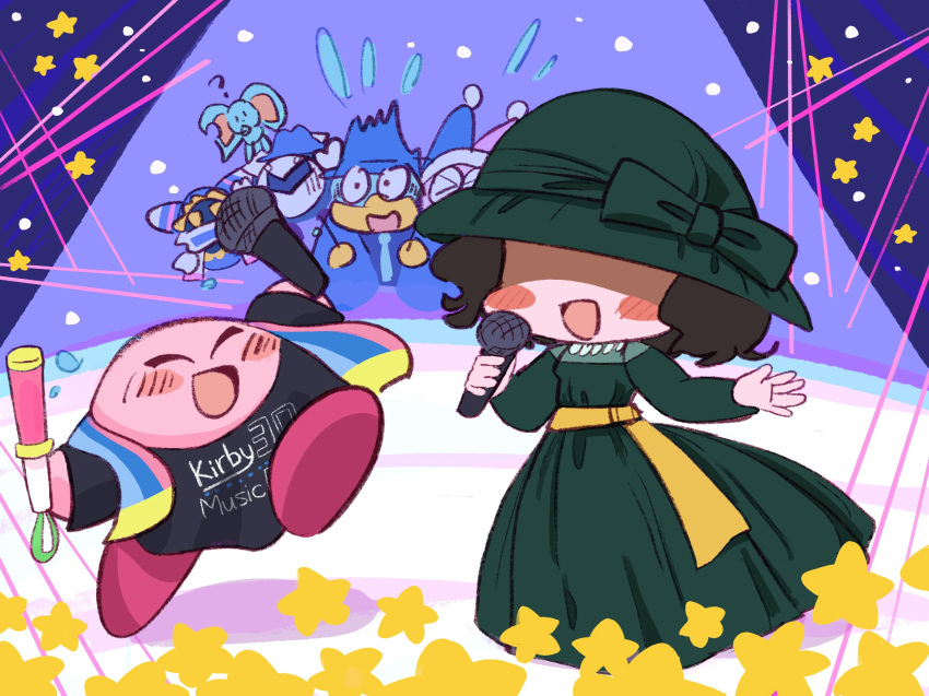 1girl ? animal_ears black_shirt blush_stickers dress elfilin green_dress green_hat hat highres holding holding_glowstick holding_microphone jester_cap kirby kirby_(series) kirby_30th_anniversary_music_festival leon0510 magolor marx_(kirby) mask meta_knight microphone mouse_ears neichel_(kirby) notched_ear open_mouth shaded_face shirt star_(symbol)