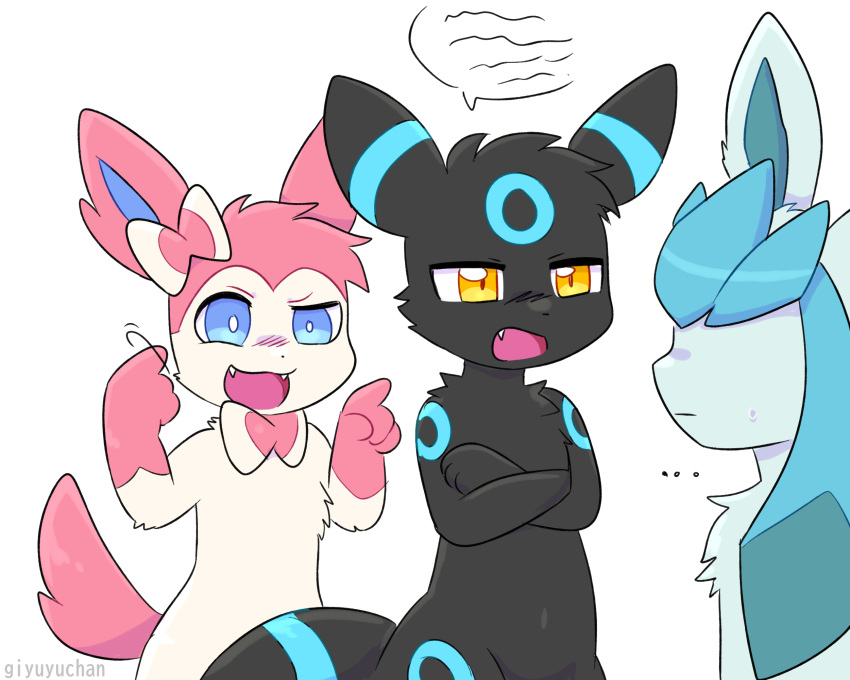 2024 4_fingers ambiguous_gender anthro anthrofied arm_markings biped black_body black_ears black_fur black_tail blue_body blue_ears blue_eyes blue_fur blue_inner_ear blue_markings blue_tail bow_(feature) canid colored crossed_arms cuckoo_sign cute_fangs dialogue digital_media_(artwork) ear_bow ear_markings eeveelution ellipsis eyebrows facial_markings fingers forehead_markings front_view fur generation_2_pokemon generation_4_pokemon generation_6_pokemon gesture giyuyuchan glaceon gloves_(marking) group hand_gesture head_markings head_tuft hi_res illegible_text kemono leg_markings looking_at_another male male_anthro mammal markings monotone_tail multicolored_body multicolored_fur multicolored_tail neck_bow nintendo nude open_mouth open_smile pink_body pink_ears pink_fur pink_tail pointing pointing_at_another pokemon pokemon_(species) pokemorph pupils raised_eyebrow ring_(marking) shaded shiny_pokemon simple_background smile speech_bubble standing sylveon tail tail_markings trio tuft two_tone_body two_tone_fur two_tone_tail umbreon white_background white_body white_fur white_pupils yellow_eyes