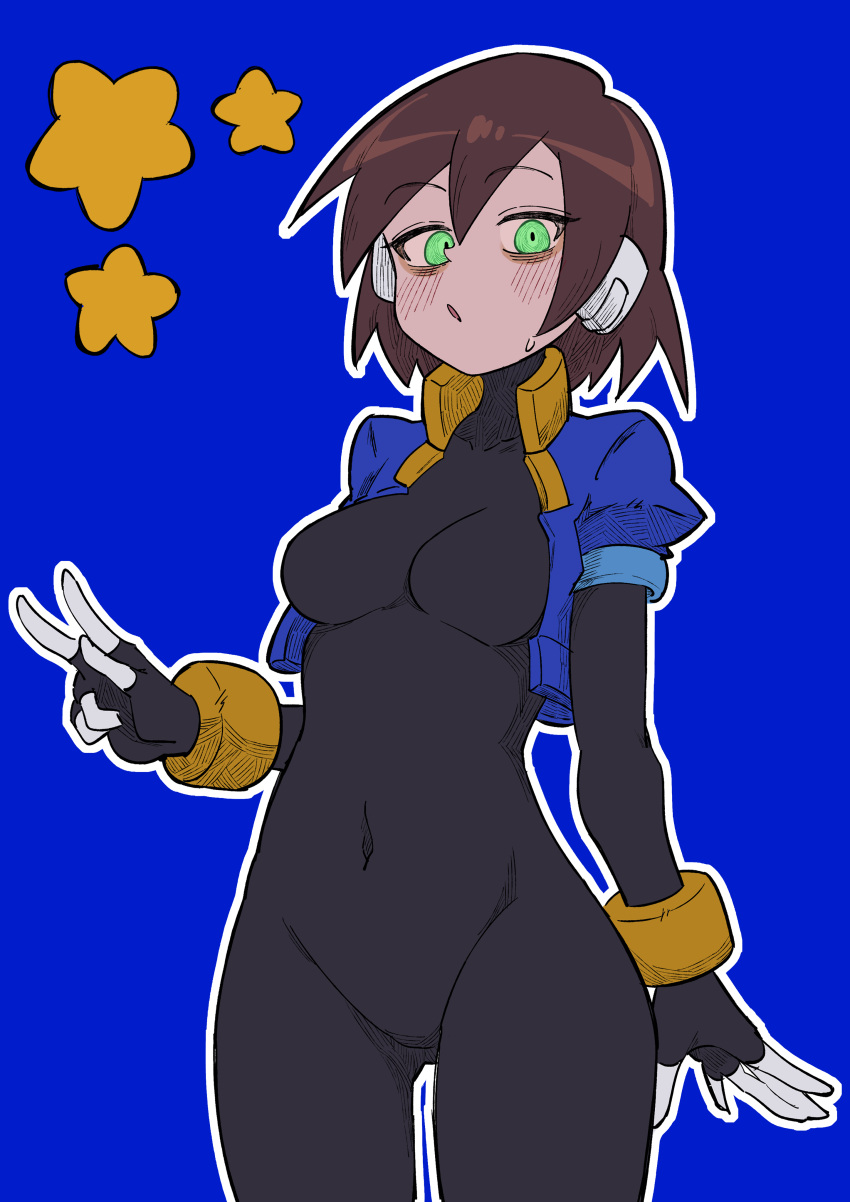 1girl absurdres aile_(mega_man_zx) black_bodysuit blue_background blue_jacket blush bodysuit bodysuit_under_clothes breasts brown_hair buzzlyears covered_collarbone covered_navel cowboy_shot cropped_jacket green_eyes highres jacket looking_at_viewer medium_breasts mega_man_(series) mega_man_zx no_pants robot_ears short_hair simple_background solo star_(symbol) w