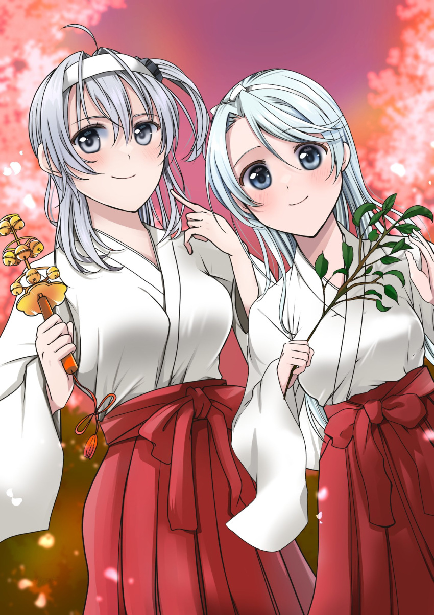 2girls branch breasts green_eyes hairband highres holding holding_branch japanese_clothes kantai_collection large_breasts long_hair medium_breasts medium_hair miko multiple_girls purple_eyes sagiri_(kancolle) smile suzutsuki_(kancolle) wakakohime_moe white_hair white_hairband