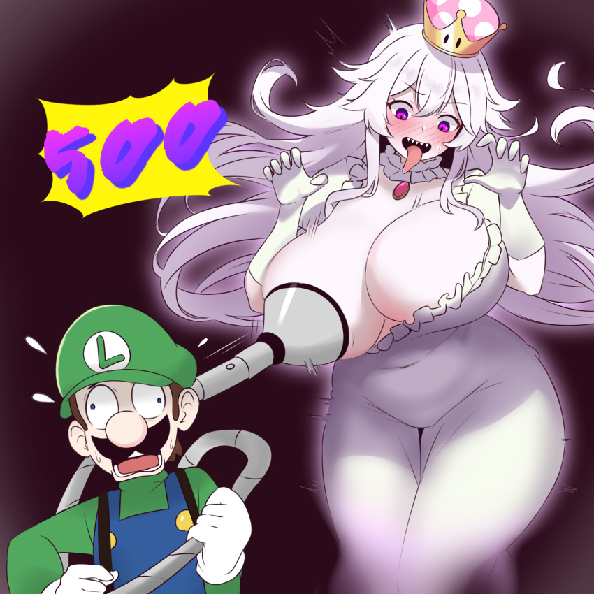 1boy 1girl amogan blue_overalls blush breast_sucking breasts claw_pose collar commentary_request covered_navel facial_hair feet_out_of_frame flying_sweatdrops frilled_collar frills gloves glowing green_hat hair_between_eyes head_tilt highres huge_breasts long_hair long_tongue looking_down luigi luigi's_mansion mario_(series) mustache one_breast_out open_hands overalls pink_eyes poltergust_5000 princess_king_boo sharp_teeth suction_cups super_crown sweatdrop tall_female teeth thick_thighs thighs tongue tongue_out wall-eyed white_gloves white_hair