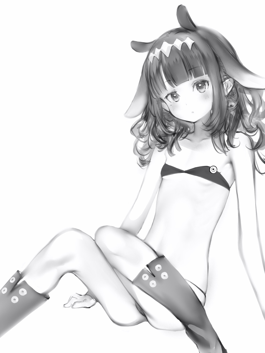 1girl absurdres animal_ears bare_arms bare_shoulders blunt_bangs blush boots diamond_hairband flat_chest greyscale highres hololive hololive_english knee_boots knees_together_feet_apart long_hair looking_at_viewer mole mole_under_eye monochrome nanashi_(nlo) ninomae_ina'nis simple_background sitting solo stomach virtual_youtuber wavy_hair