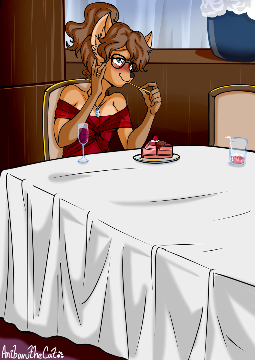 2024 5_fingers absurd_res anibaruthecat anthro artist_name blush cake canid canine clothed clothing container cup dessert digital_media_(artwork) drinking_straw eyebrows eyewear female fingers food glasses hi_res mammal smile solo