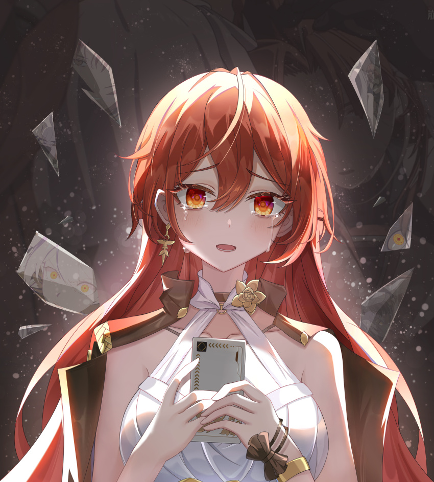 1girl absurdres bare_shoulders bracelet breasts cellphone chinese_commentary commentary_request crying crying_with_eyes_open dress earrings highres himeko_(honkai:_star_rail) holding holding_phone honkai:_star_rail honkai_(series) jewelry long_hair looking_at_viewer medium_breasts open_mouth orange_eyes phone red_hair sleeveless sleeveless_dress smartphone tears upper_body very_long_hair white_dress xiaoba_(782286949)