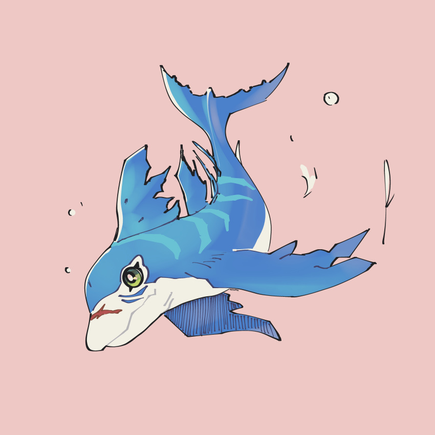 absurdres blue_skin colored_skin digimon digimon_(creature) dolphin fins full_body green_eyes highres notaventura pink_background rukamon scar scar_on_face simple_background solo