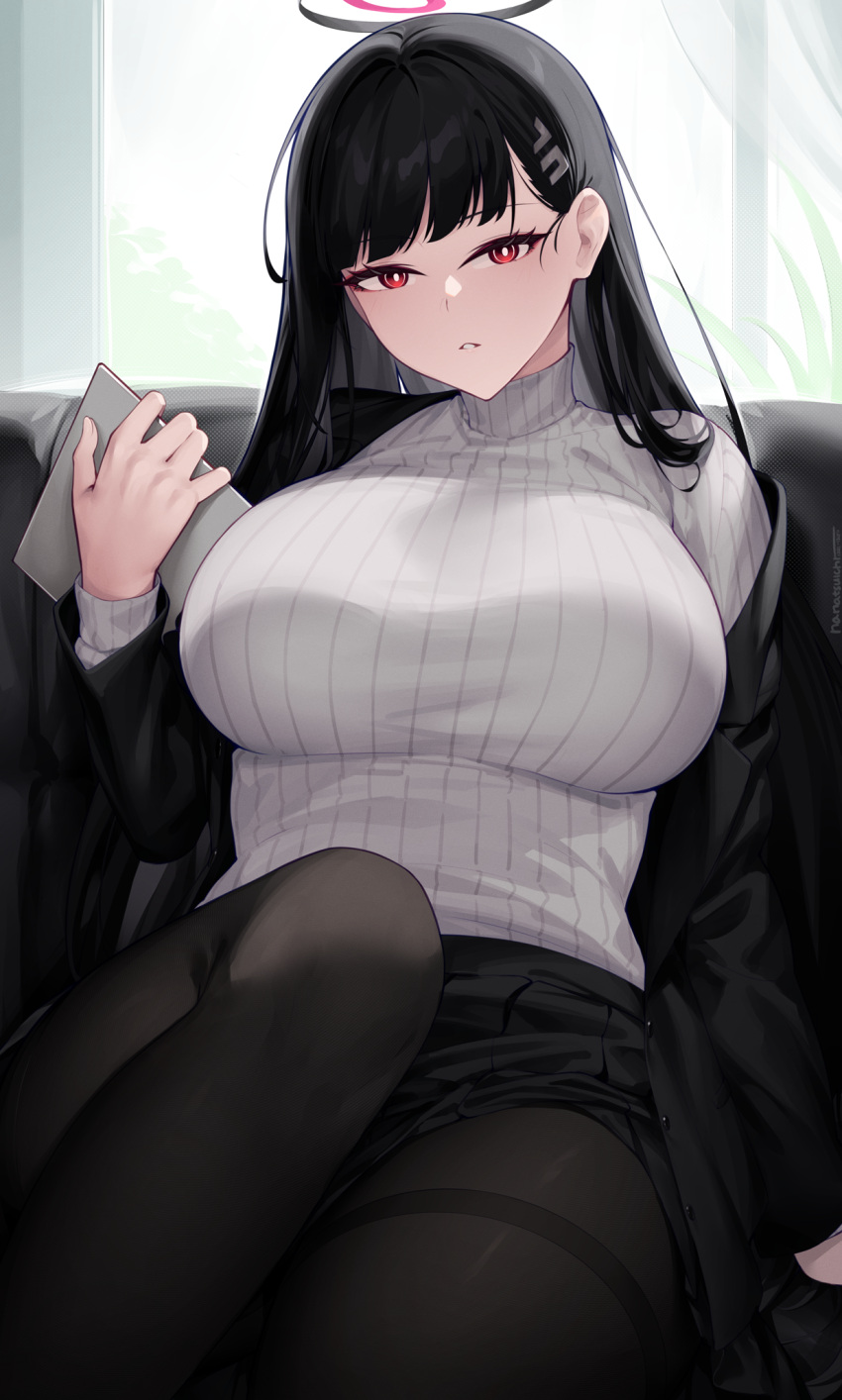 1girl black_hair black_jacket black_pantyhose black_skirt blue_archive blunt_bangs breasts clipboard english_commentary hair_behind_ear hair_ornament hairclip halo highres holding holding_clipboard indoors izulizuru jacket knee_up large_breasts long_hair looking_at_viewer miniskirt off_shoulder pantyhose red_eyes ribbed_sweater rio_(blue_archive) sitting skirt solo sweater turtleneck turtleneck_sweater very_long_hair white_sweater