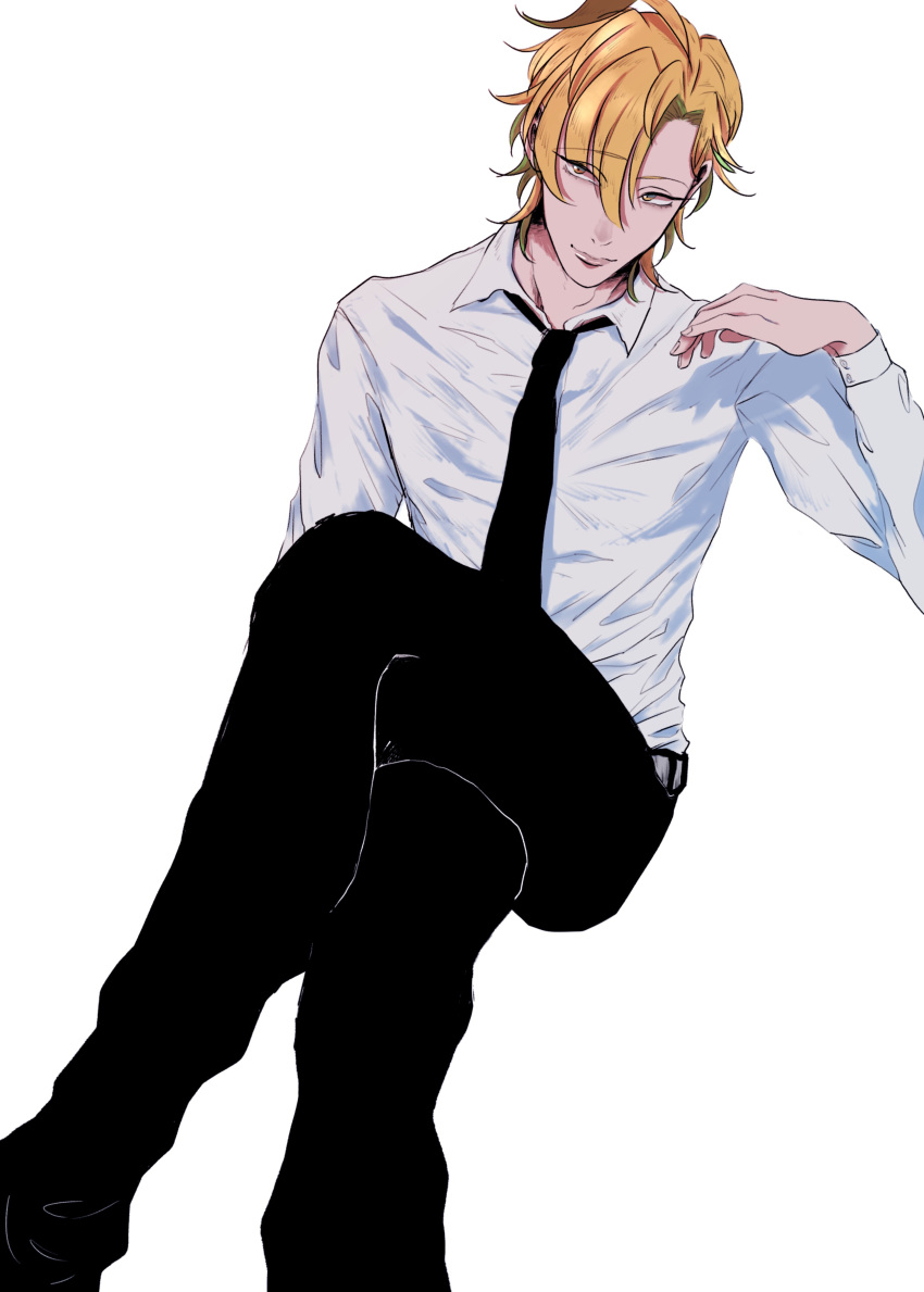 1boy absurdres ahoge belt blonde_hair chijin15 collared_shirt crossed_legs dress_shirt hand_up head_tilt highres hypnosis_mic izanami_hifumi looking_to_the_side male_focus multicolored_hair necktie pants parted_lips shirt sitting smile solo streaked_hair yellow_eyes