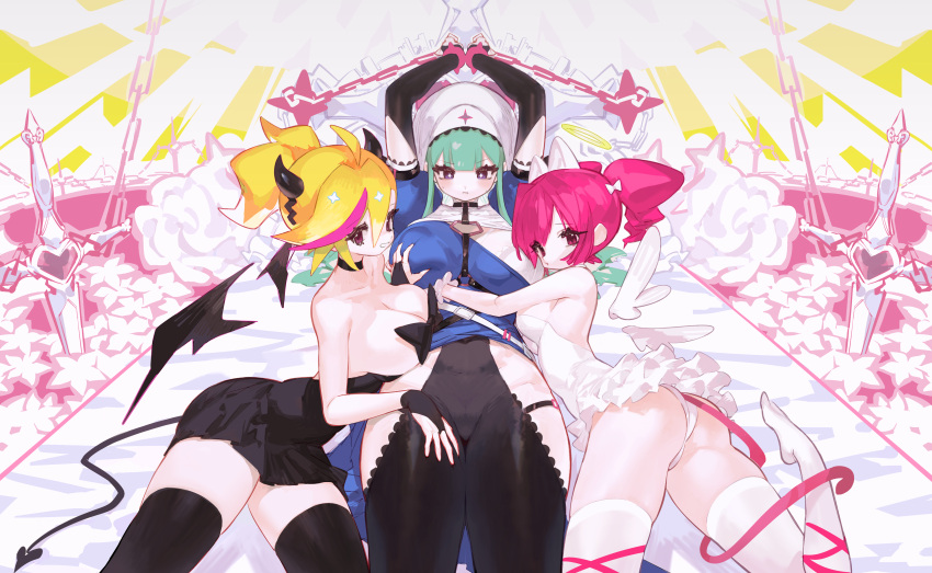 3girls absurdres arms_up ass bdsm black_dress bondage bound bow breasts buro_(muse_dash) demon_girl demon_tail dress femdom frills green_hair groping hair_bow highres large_breasts liba_(leo8d) long_hair marija_(muse_dash) marija_(sister)_(muse_dash) multicolored_hair multiple_girls muse_dash official_art orange_hair panties pink_hair ponytail priestess purple_eyes rin_(muse_dash) short_dress short_hair skirt smile streaked_hair sword tail thighhighs thighs twintails underwear weapon white_dress white_panties yuri