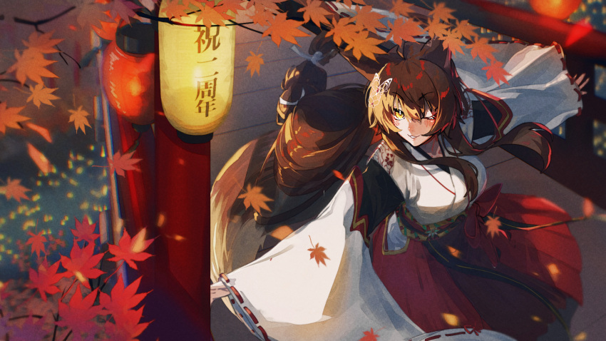 1girl animal_ears blush brown_hair fox_ears fox_girl fox_tail fumi_(nijisanji) hair_ornament hakama highres japanese_clothes kitsune leaf long_hair looking_at_viewer maple_leaf murechika nijisanji one_eye_closed smile solo tail very_long_hair virtual_youtuber yellow_eyes