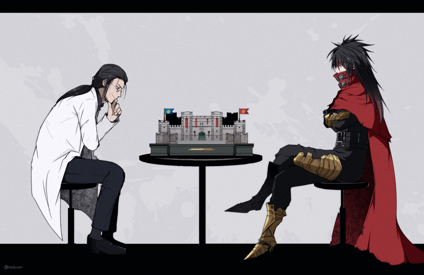 2boys armor cloak crossed_arms crossed_legs final_fantasy final_fantasy_vii final_fantasy_vii_rebirth final_fantasy_vii_remake glasses gold_armor hand_on_own_chin headband highres lab_coat long_hair looking_at_another multiple_boys nanao_(zonzonsh) on_stool ponytail professor_houjou queen's_blood red_cloak red_headband smile spiked_hair stool table vincent_valentine