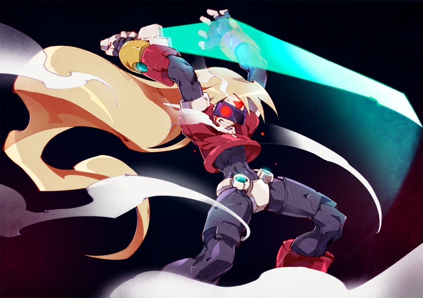 1boy android assault_visor blonde_hair bracelet clenched_teeth cloud covered_eyes energy_sword fingerless_gloves girouette_(mega_man) gloves holding jewelry kon_(kin219) long_hair male_focus mega_man_(series) mega_man_zx model_z_(mega_man) ponytail solo standing sword teeth very_long_hair weapon wind