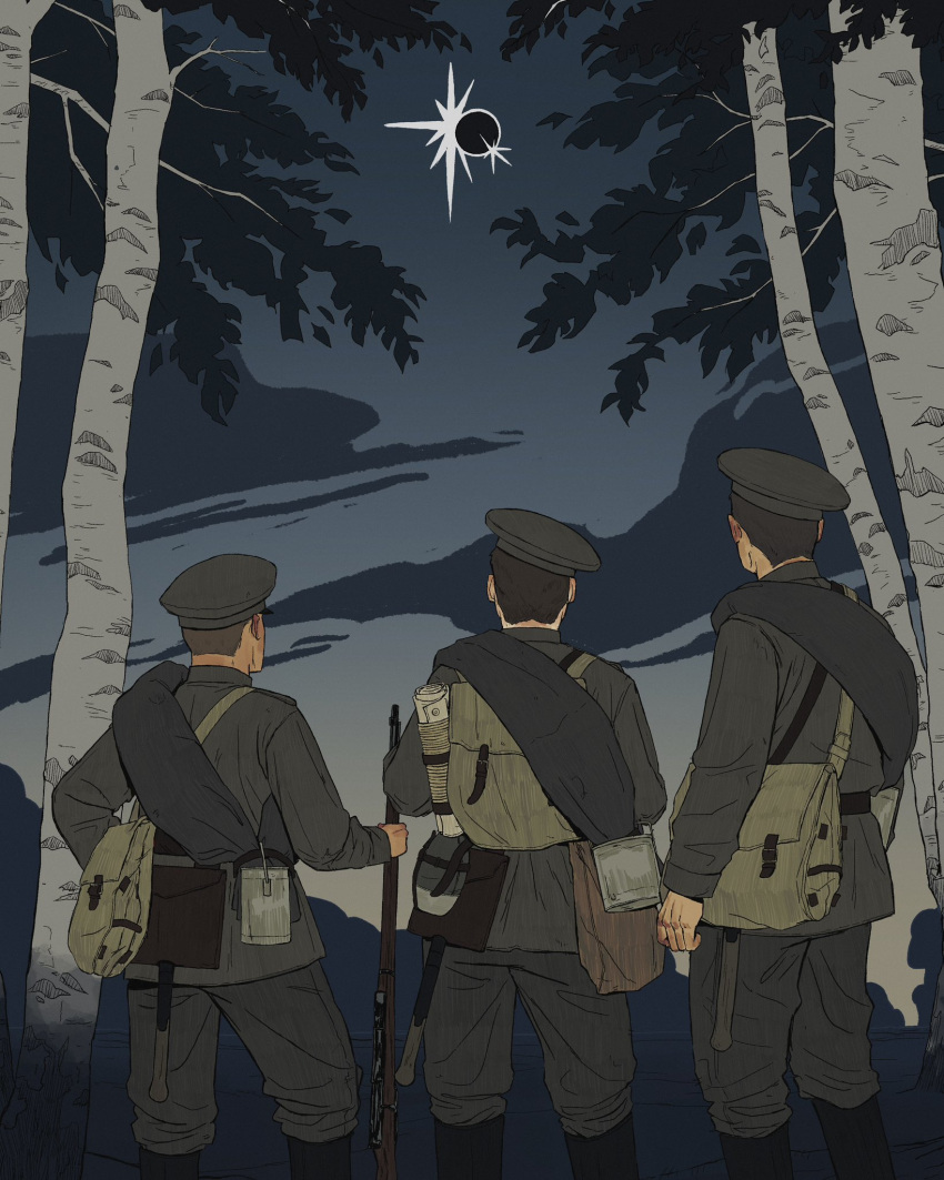 3boys brown_hair eclipse forest gun highres kamuytime military military_uniform multiple_boys nature original real_life tagme tree uniform weapon world_war_i