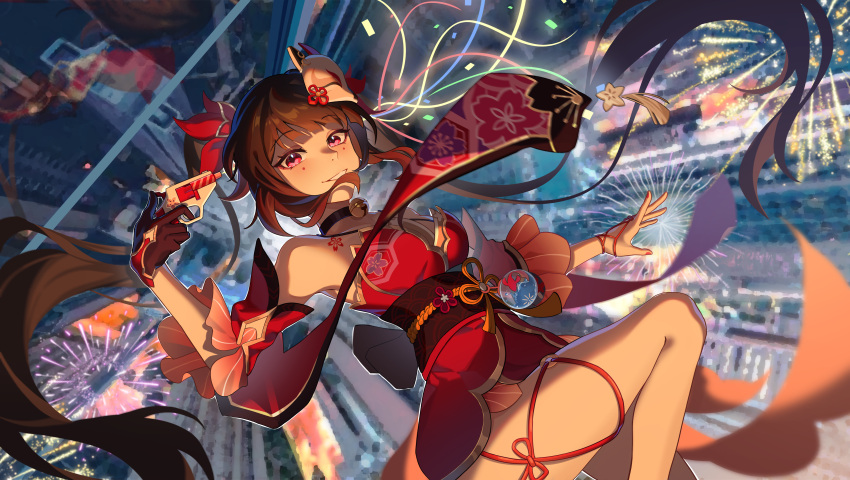 1girl absurdres bare_shoulders bell black_choker black_gloves brown_hair choker city commentary_request confetti detached_sleeves dress falling feet_out_of_frame fireworks flower_tattoo fox_mask gloves grin gun gun_to_head highres honkai:_star_rail honkai_(series) jingruochuzidongruotuotucr knee_up long_hair looking_at_viewer mask mask_on_head neck_bell obi orb pink_eyes red_dress red_nails red_sleeves revolver sash single_glove sleeveless sleeveless_dress smile snubnosed_revolver solo sparkle_(honkai:_star_rail) tattoo twintails very_long_hair weapon