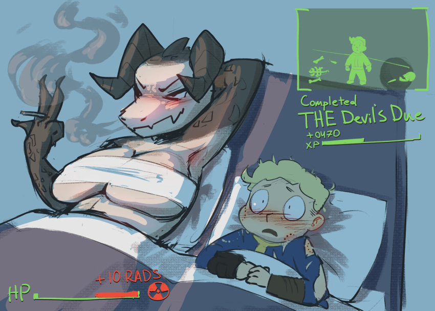 absurd_res after_sex after_sex_smoking afterglow anthro bed bethesda_softworks big_breasts bite_mark blush breasts chest_wraps cigarette clothing deathclaw duo fallout female female_on_human furniture hand_behind_head head_on_pillow hi_res horn human human_on_anthro i_love_when_ppl_draw_ships_like_this interspecies male male/female male_on_anthro mammal meme on_bed reptile scalie size_difference smaller_human smaller_male smile smoke smoking smoking_cigarette torn_clothing trashyy_noway under_covers vault_boy vault_suit wraps