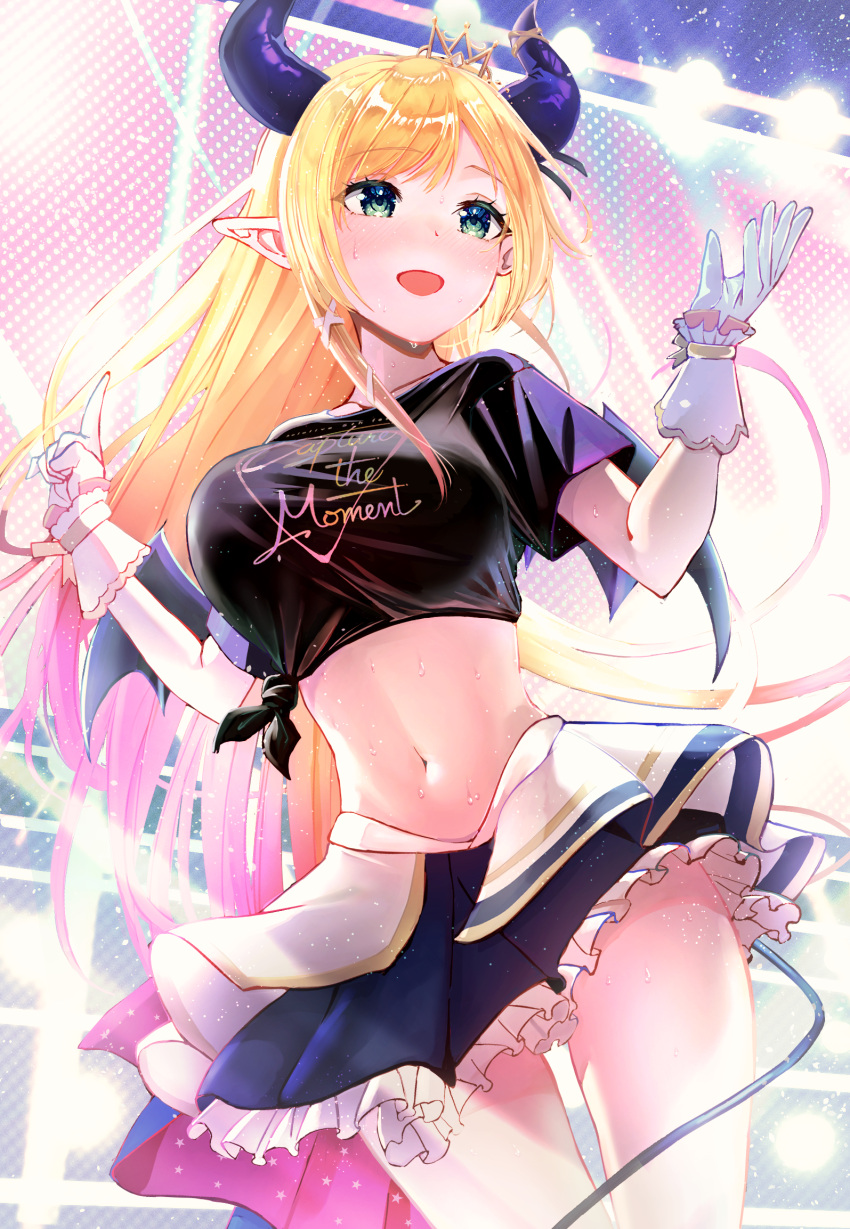 5to_rai black_skirt blonde_hair blush breasts collarbone cowboy_shot crop_top demon_girl demon_horns demon_tail frilled_skirt frills from_below gloves green_eyes highres hololive horns idol_clothes large_breasts looking_afar midriff navel open_mouth pink_hair pointing pointy_ears shirt short_sleeves skirt smile stage stage_lights tail tiara tied_shirt white_gloves yuzuki_choco