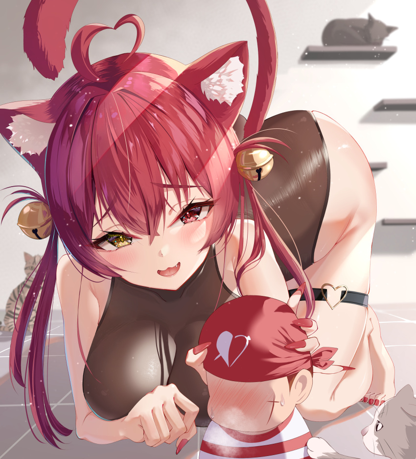 1girl absurdres all_fours animal_ear_fluff animal_ears bare_shoulders barefoot bell black_leotard blush breasts cat cat_ears cat_girl cat_tail fang hair_bell hair_ornament heart heterochromia highres hololive houshou_marine indoors jingle_bell large_breasts leotard long_hair looking_at_viewer nail_polish open_mouth puripuri red_hair red_nails scar solo steam steaming_body sweatdrop tail thigh_strap thighs twintails virtual_youtuber wavy_mouth