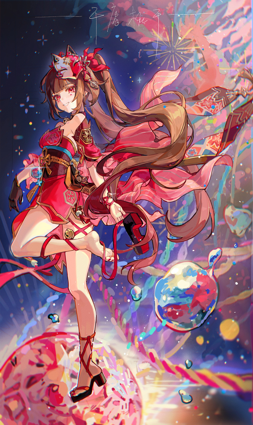 1girl absurdres bare_shoulders bell black_gloves brown_hair bubble commentary detached_sleeves dress fireworks fox_mask full_body gloves grin highres holding_shoe honkai:_star_rail honkai_(series) huajiuhuajiu50074 long_hair looking_at_viewer mask mask_on_head mole mole_on_shoulder nail_polish neck_bell red_dress red_eyes red_nails red_sleeves shoes single_barefoot single_glove smile solo sparkle_(honkai:_star_rail) strapless strapless_dress symbol-only_commentary tassel toenail_polish toenails twintails unworn_shoes very_long_hair