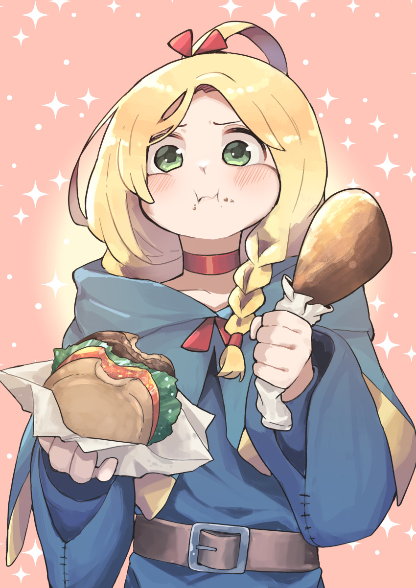 1girl :i absurdres belt_buckle blonde_hair blue_robe blush buckle burger cheek_bulge choker dungeon_meshi elf food food_on_face green_eyes highres holding holding_food looking_at_viewer marcille_donato pointy_ears red_choker robe ry_(pitamin5) solo sparkle_background turkey_(food)