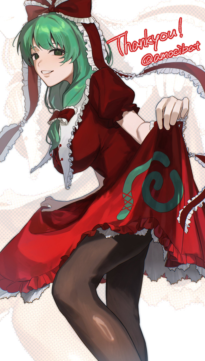 1girl absurdres amocibat bow breasts commission dress frilled_bow frilled_dress frilled_ribbon frills front_ponytail green_eyes green_hair hair_bow hair_ribbon highres kagiyama_hina lifted_by_self looking_at_viewer puffy_short_sleeves puffy_sleeves red_bow red_ribbon ribbon short_sleeves skeb_commission smile solo thighhighs touhou twintails