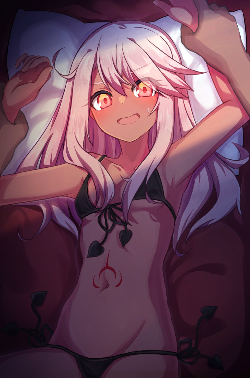 1girl absurdres arms_up bare_shoulders black_panties blush breasts chawan_(yultutari) chloe_von_einzbern collarbone dark-skinned_female dark_skin fate/kaleid_liner_prisma_illya fate_(series) hair_between_eyes highres long_hair looking_at_viewer navel open_mouth orange_eyes panties pink_hair sidelocks small_breasts smile solo_focus stomach_tattoo tattoo thighs underwear variant_set