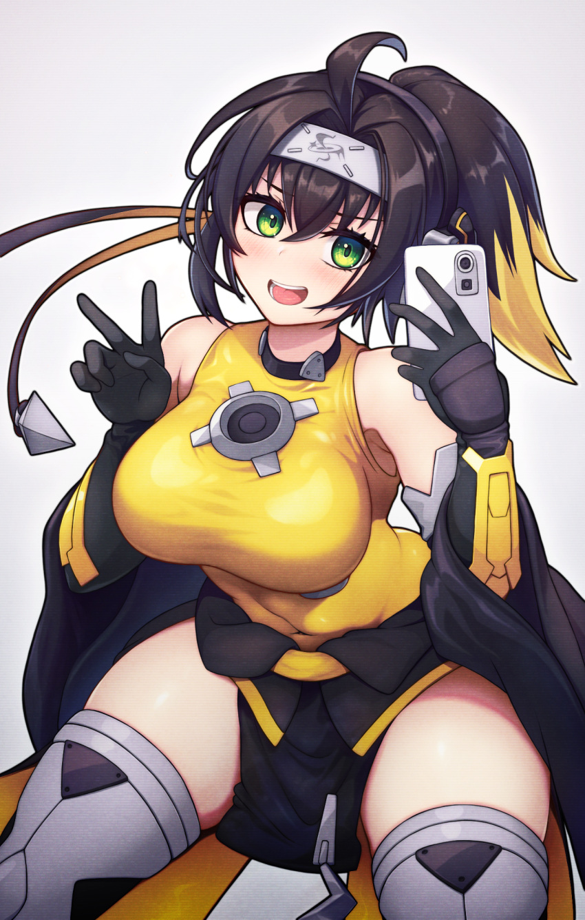 1girl ahoge bare_shoulders black_hair blonde_hair breasts commission duel_monster forehead_protector gloves gradient_hair green_eyes highres large_breasts multicolored_hair pixiv_commission poifuru ponytail s-force_rappa_chiyomaru selfie solo thighhighs white_background yu-gi-oh!