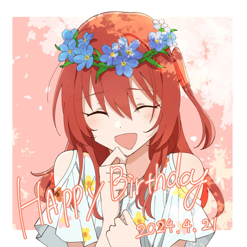 1girl :d ^_^ blue_flower bocchi_the_rock! closed_eyes clothing_cutout dated facing_viewer floral_print flower flower_wreath happy_birthday head_wreath highres kanaria_hisagi kita_ikuyo long_hair one_side_up open_mouth outside_border red_hair shirt short_sleeves shoulder_cutout smile solo upper_body white_shirt