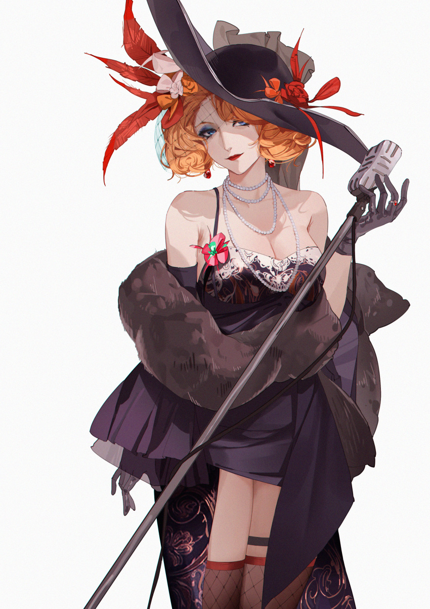 1girl absurdres bare_shoulders black_dress black_gloves black_hat black_thighhighs blue_eyes blue_eyeshadow breasts cleavage cowboy_shot curly_hair dress earrings eyeliner eyeshadow fascinator feather_boa fishnet_thighhighs fishnets flower gem gloves hat hat_flower high-low_skirt highres jewelry lady_pearl_(path_to_nowhere) large_breasts makeup microphone_stand multiple_necklaces necklace orange_flower orange_hair path_to_nowhere pearl_(gemstone) pearl_necklace plume print_dress pugongying red_flower red_gemstone red_lips ring short_hair simple_background single_strap solo straight-on thigh_strap thighhighs white_background