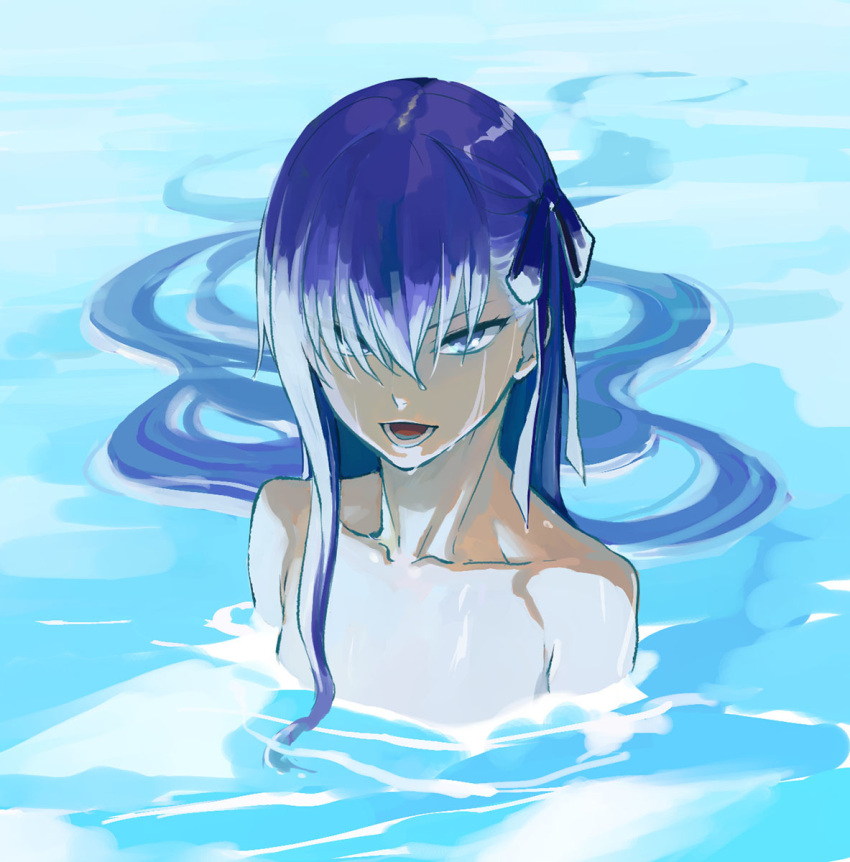1girl b_suke collarbone commentary_request fate/grand_order fate_(series) flat_chest hair_ribbon hair_spread_out highres long_hair looking_at_viewer meltryllis_(fate) narrowed_eyes partially_submerged purple_eyes purple_hair purple_ribbon ribbon smile solo topless upper_body water wet