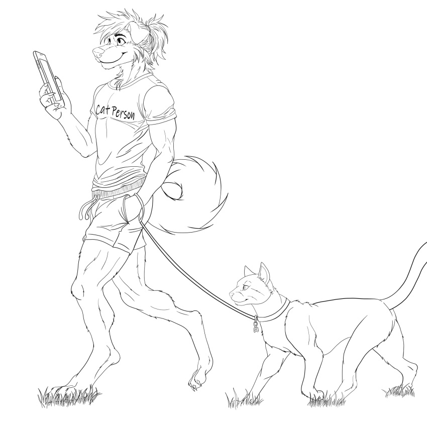 anthro bottomwear canid canine canis cellphone clothing collar deerwalker digitigrade domestic_cat domestic_dog electronics felid feline felis feral grass hair hi_res kittensnark lead leash line_art male mammal phone plant ponytail shirt shorts simple_background smile t-shirt topwear walking