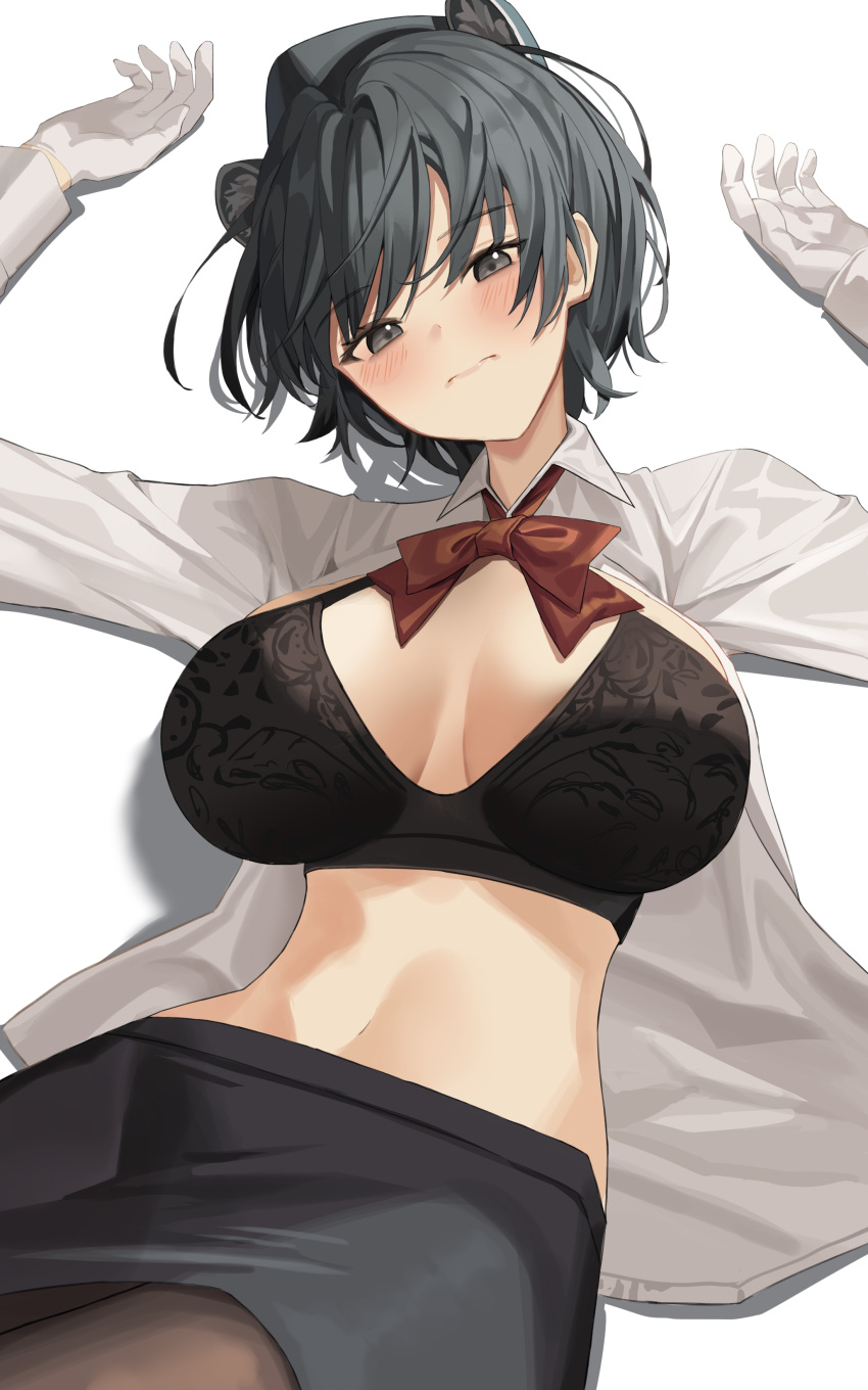 1girl absurdres animal_ears arms_up black_bra black_eyes black_hair black_hat black_skirt blue_archive blush bow bowtie bra breasts breasts_apart brown_pantyhose closed_mouth collared_shirt commentary cowboy_shot extra_ears garrison_cap gloves hair_between_eyes hat head_tilt highres large_breasts long_sleeves looking_at_viewer lying miniskirt navel official_alternate_costume on_back open_clothes open_shirt pantyhose paso_neko pencil_skirt raccoon_ears red_bow red_bowtie shadow shirt short_hair simple_background skirt solo stomach tsubaki_(blue_archive) tsubaki_(guide)_(blue_archive) underwear wavy_mouth white_background white_gloves white_shirt