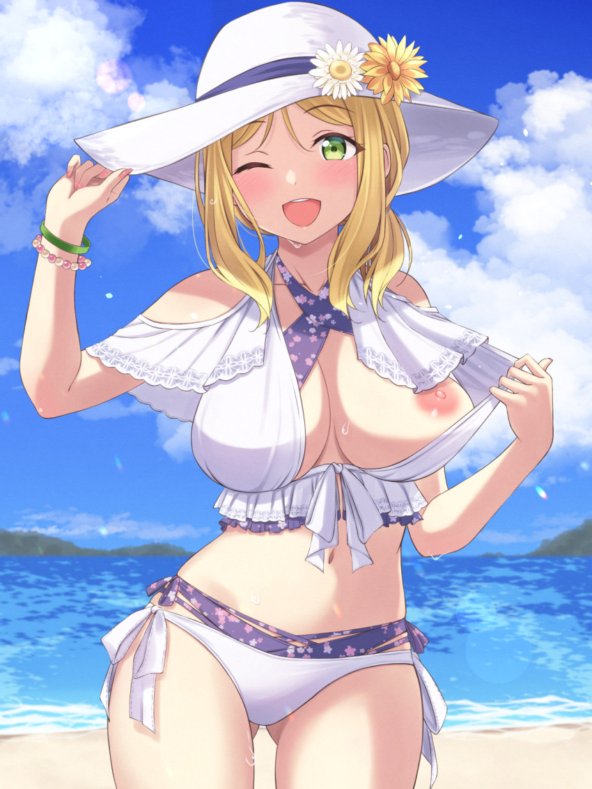 1girl bare_shoulders bikini blonde_hair blue_sky bra breasts cloud green_eyes hat hat_ornament highres large_breasts layered_bikini looking_at_viewer love_live! love_live!_sunshine!! mobukichi mountainous_horizon navel nipples ocean ohara_mari one_eye_closed open_bikini open_clothes open_mouth outdoors sky smile solo sun_hat swimsuit underwear white_bikini