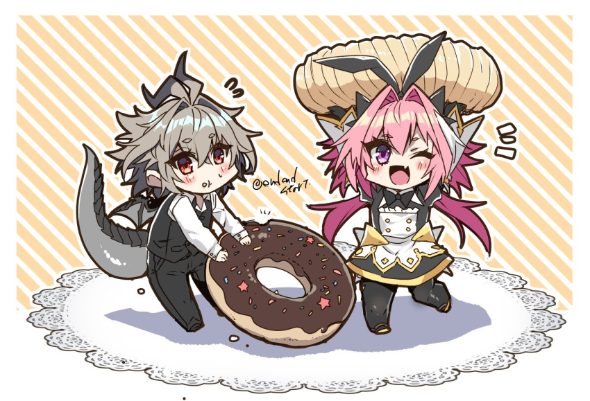 2boys :t animal_ears antenna_hair astolfo_(fate) astolfo_(saber)_(fate) astolfo_(saber)_(third_ascension)_(fate) black_bow black_bowtie black_gloves black_pants black_thighhighs black_vest blush bow bowtie carrying_overhead chibi chocolate_doughnut closed_mouth crossed_bangs crumbs doughnut dragon_tail dragon_wings dress dress_shirt fake_animal_ears fang fate/apocrypha fate/grand_order fate_(series) flying_sweatdrops food food_on_face gloves gold_trim grey_hair hair_between_eyes hair_bow hair_intakes haoro holding holding_food leg_up long_hair male_focus multicolored_hair multiple_boys notice_lines one_eye_closed open_mouth otoko_no_ko pants pink_hair purple_eyes rabbit_ears red_eyes shadow shirt short_hair sieg_(fate) sign skin_fang smile sprinkles streaked_hair striped_background tail thighhighs twintails two-tone_hair vest white_hair white_shirt wide_sleeves wings