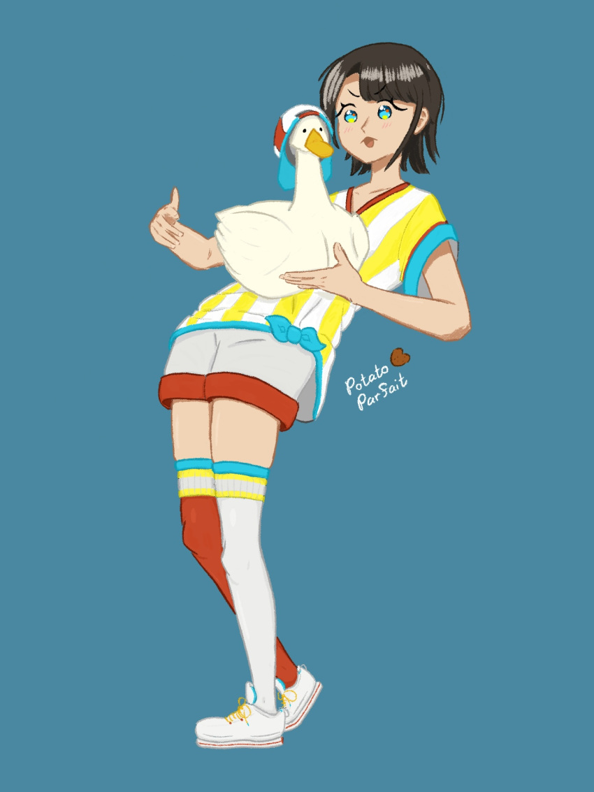 1girl artist_name bird black_hair blue_eyes duck highres hololive oozora_subaru open_mouth potatoparfait shirt short_hair shorts simple_background solo standing subaru_duck swept_bangs thighhighs virtual_youtuber