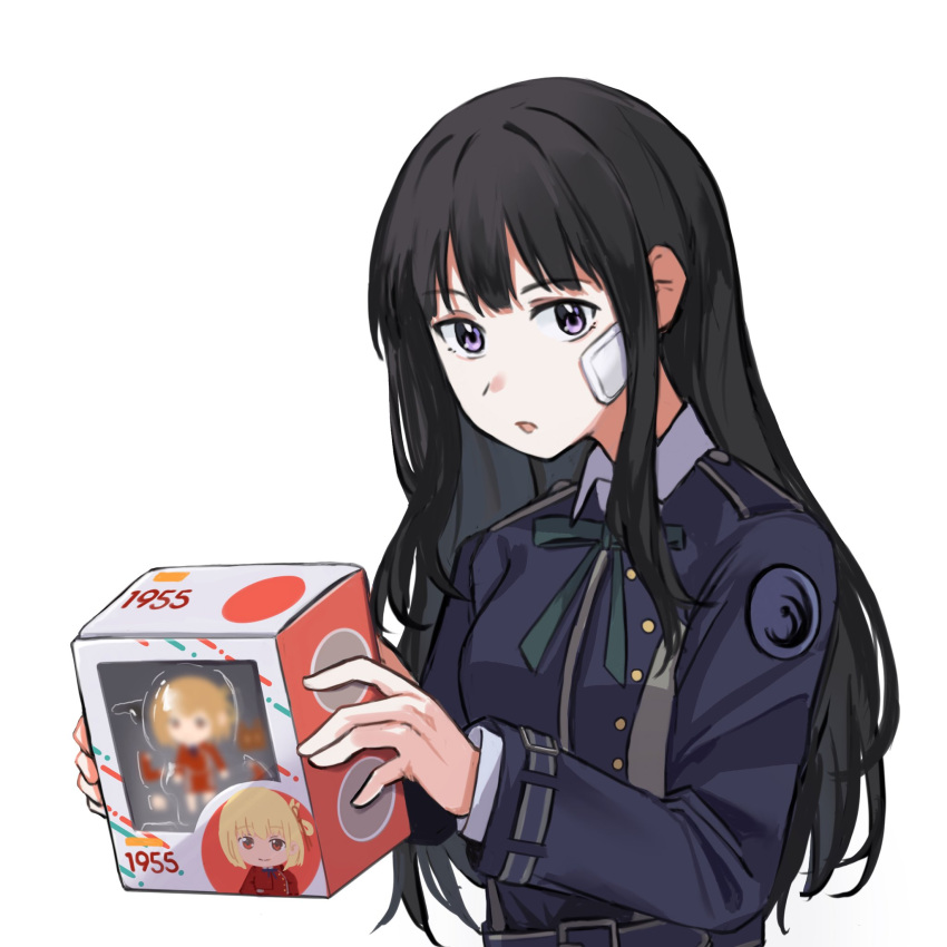 1girl bandage_on_face bandages black_hair blue_dress box commentary dress green_ribbon hashtag-only_commentary highres holding holding_box inoue_takina jenjen long_hair long_sleeves lycoris_recoil lycoris_uniform neck_ribbon nendoroid nishikigi_chisato parted_lips purple_eyes ribbon solo upper_body